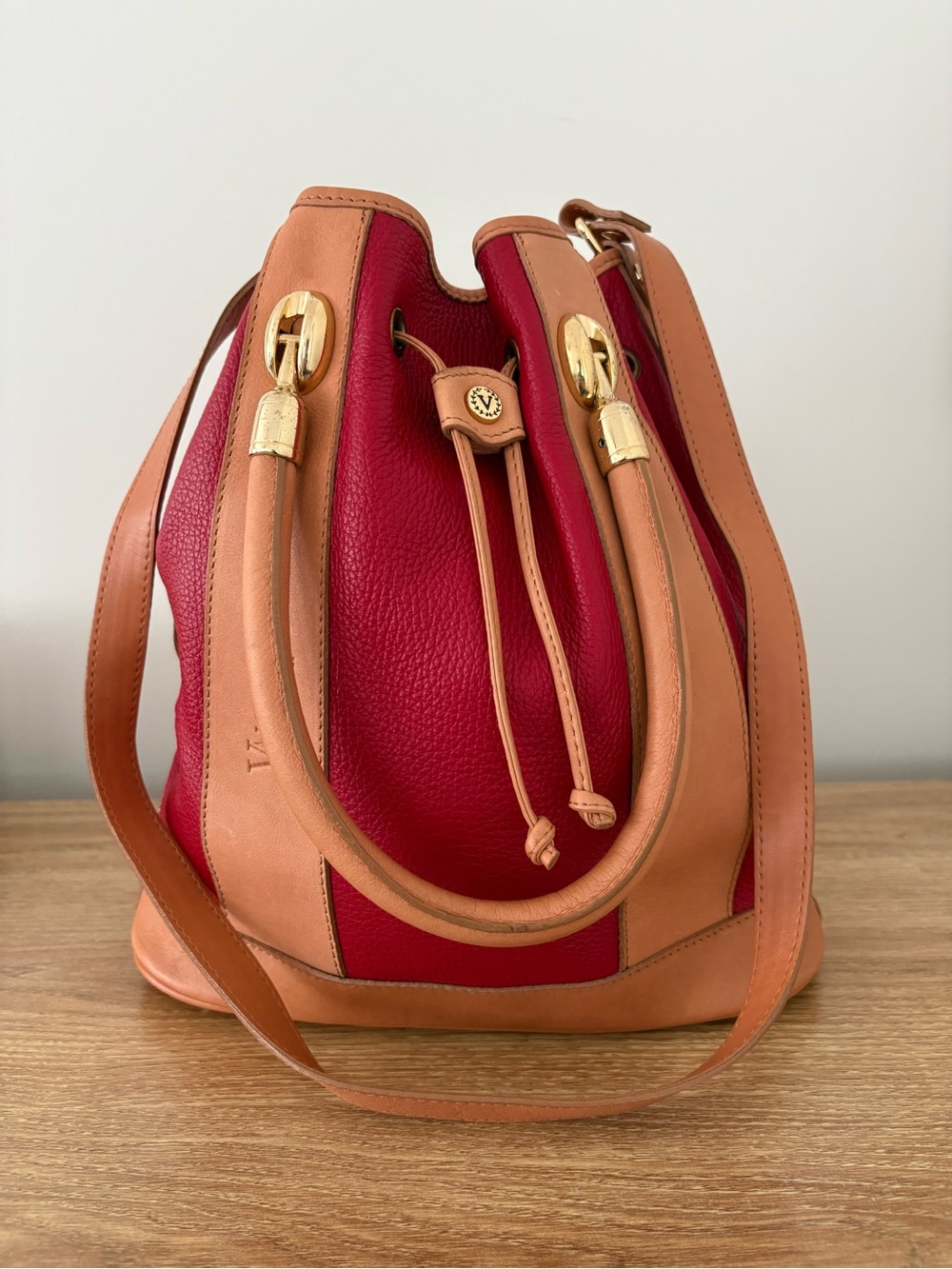 Red and Tan Leather Bucket Bag - Designer Style